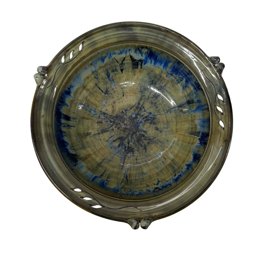 Keliyale Studio Pottery Bowl Blue Brown Drip Glaze Signed‎ Artisan Ceramic